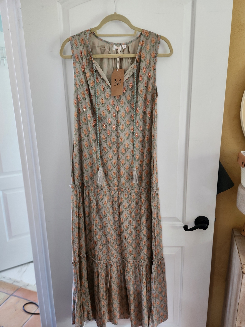 Sleeveless Printed Maxi Dress in Sage with Peach Accents